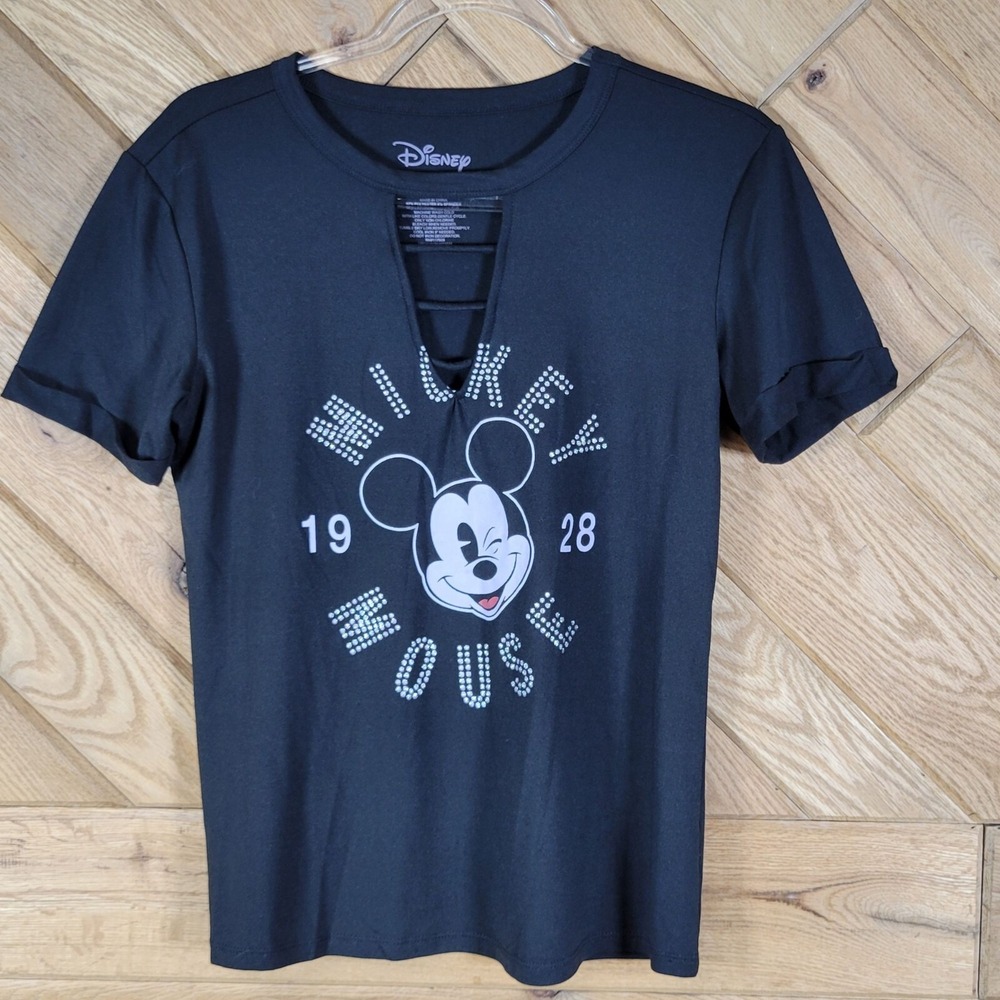 Disney Mickey Mouse Womens Black Tee Top Rhine Stones Shirt S